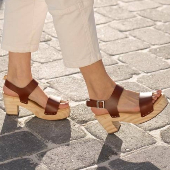 New! Nisolo All Day Open Toe Clog Leather Wood Chunky Platform Sandals in Brandy - Picture 1 of 16